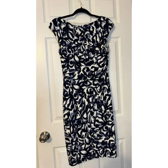 Ralph Lauren Dress 8 Stretch Sheath Blue Ivory Washable Knot Sleeveless NEW - Picture 12 of 13